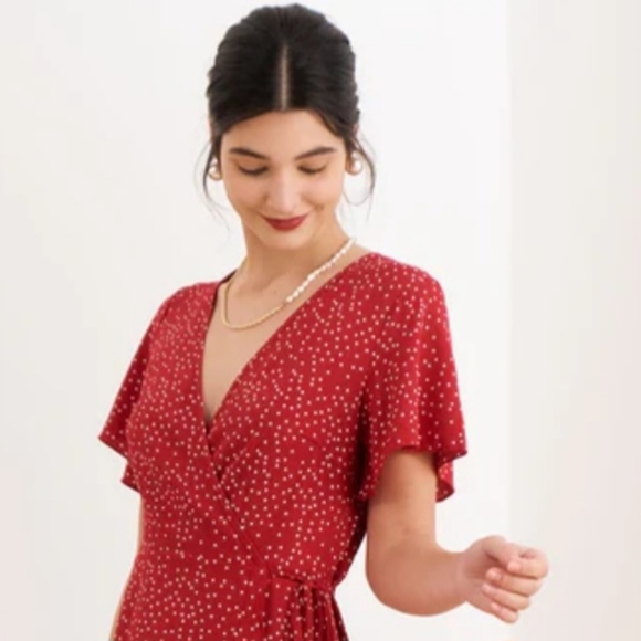 NWT Rihoas Red & White PolkaDot Wrap Midi Dress, Medium - Picture 6 of 17